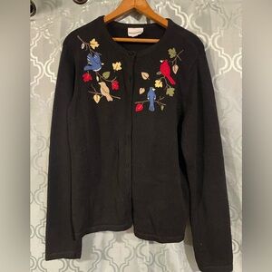 Vintage Breckenridge Black Cardigan Embroidered Bird on Branch, Women’s L
